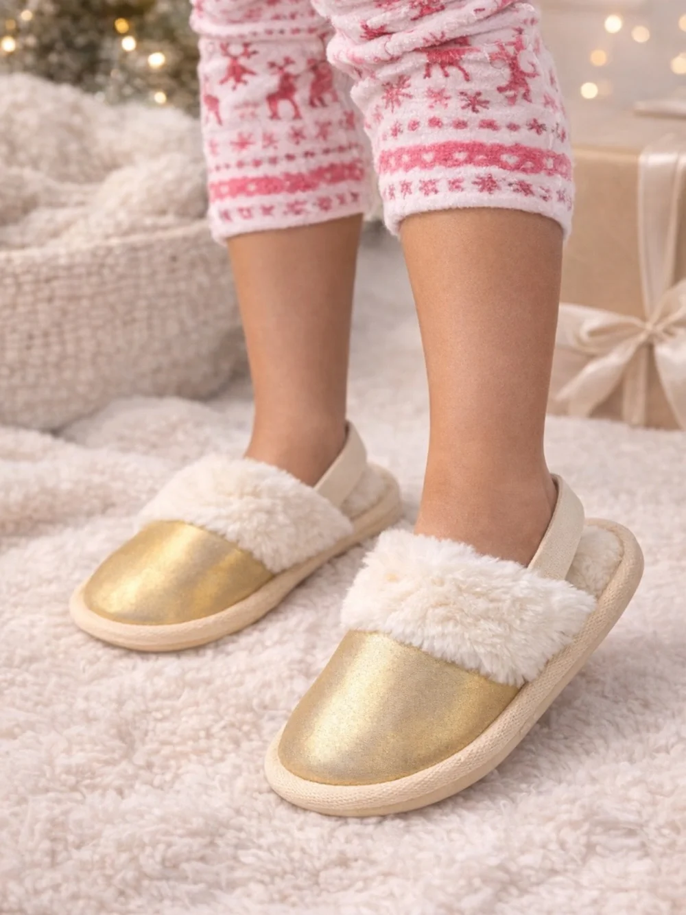 Holiday Time Gold Sherpa Slippers kids 7/8 Cozy Plush Warm House Shoes